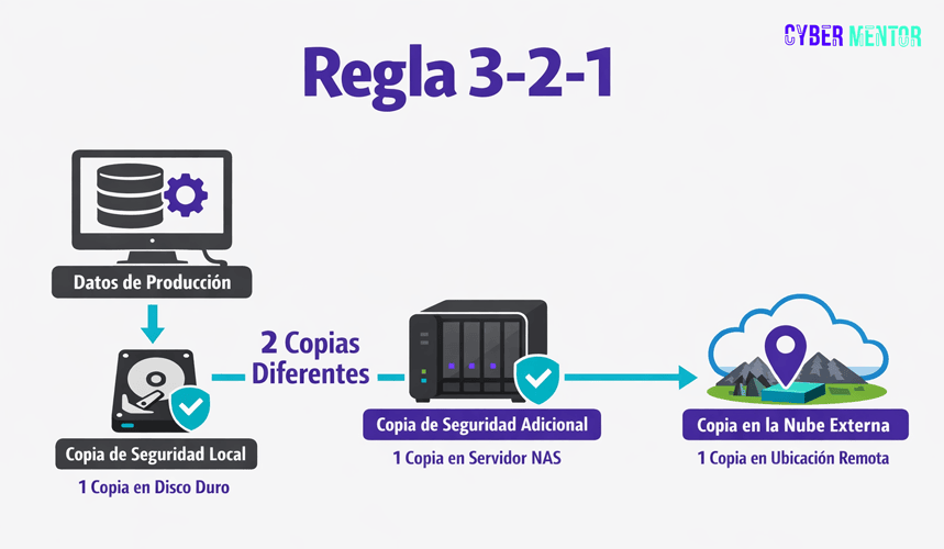 Diagrama explicativo de la regla 3-2-1 para copias de seguridad