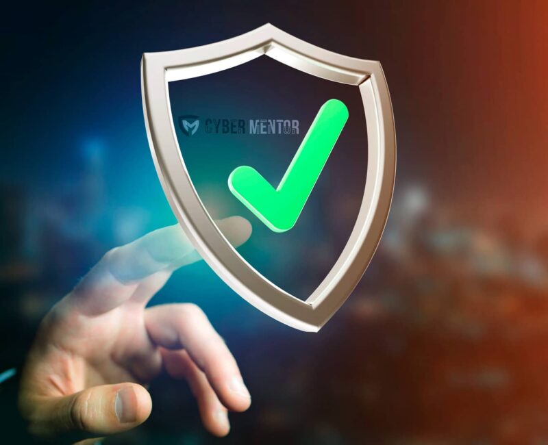Una mano interactuando con un escudo digital que contiene una marca de verificación, representando la protección contra ciberataques.