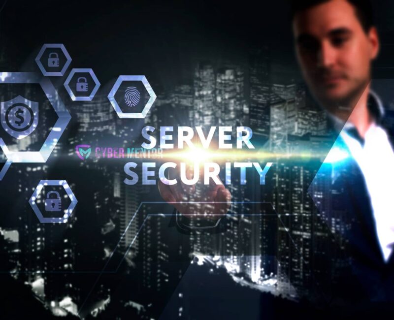 Un hombre de negocios, ligeramente desenfocado, interactúa con una interfaz digital que muestra la frase "SERVER SECURITY" y varios iconos de seguridad. La imagen representa el concepto de arquitectura de ciberseguridad.