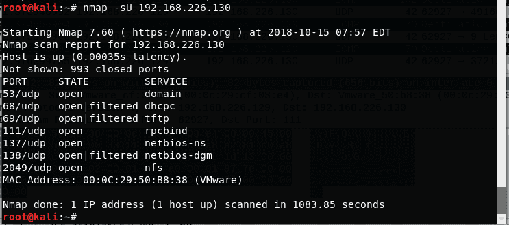 Captura de pantalla que muestra un escaneo Nmap en una terminal de Kali Linux.