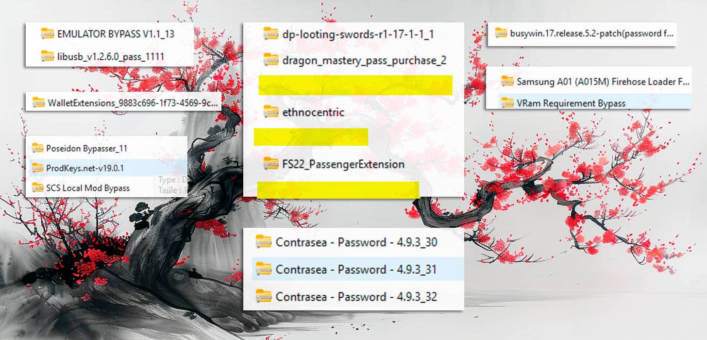 Captura de pantalla que muestra una lista de nombres de archivos sospechosos que podrían ser usados para distribuir un infostealer. Los nombres imitan software legítimo para engañar a los usuarios.