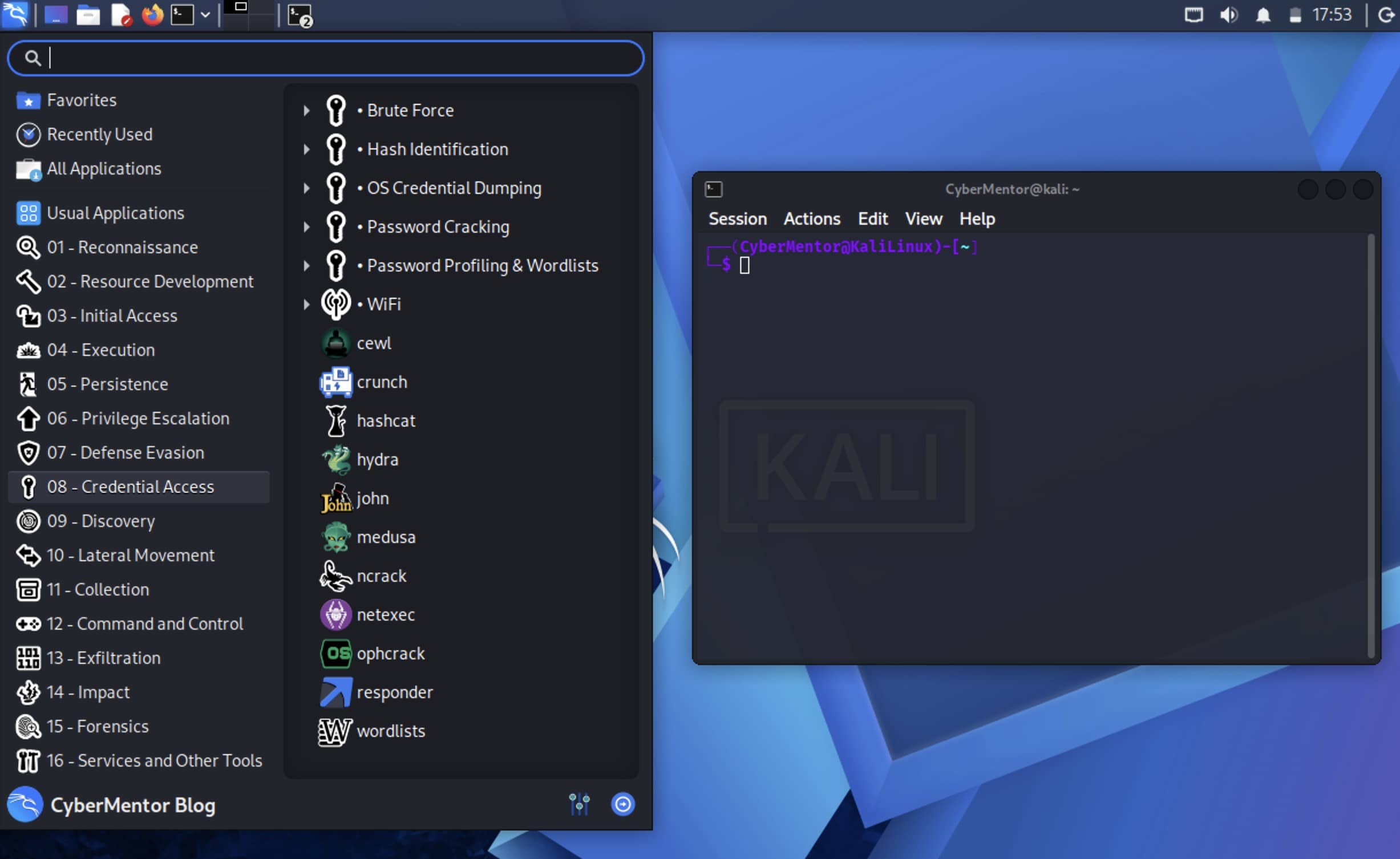 Escritorio de Kali Linux con el menú de herramientas abierto en una máquina virtual