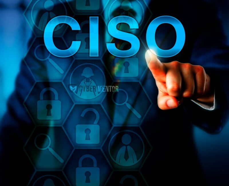Una mano selecciona digitalmente la palabra "CISO" en una pantalla, rodeada de iconos de seguridad.