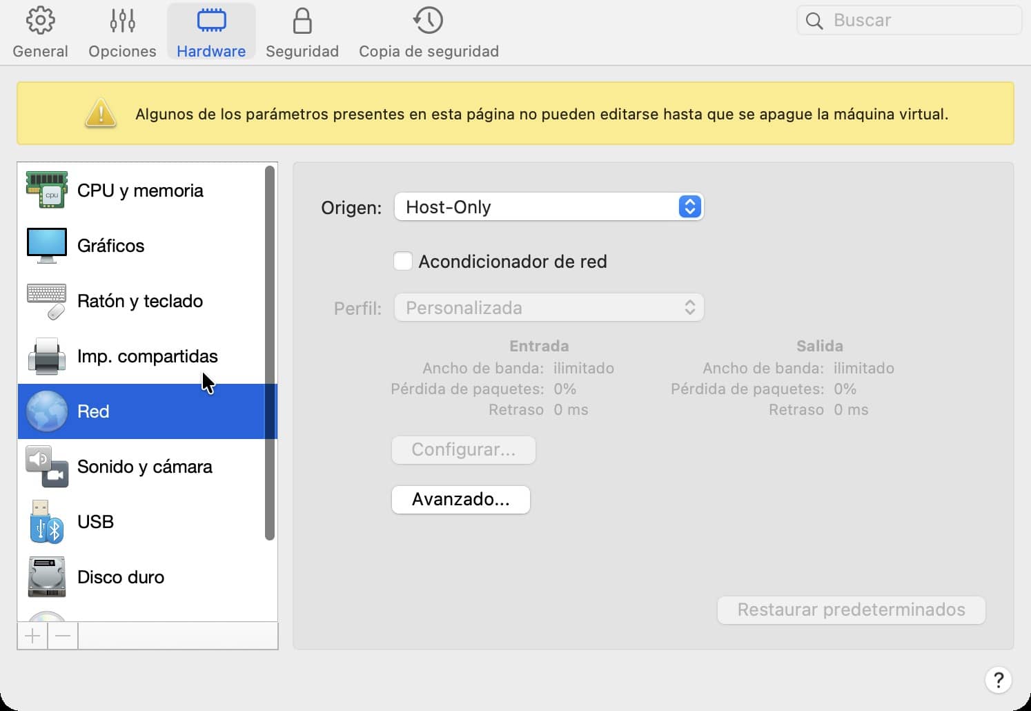 Configuración de red Host-Only de la máquina virtual de Kali Linux en Parallels Desktop