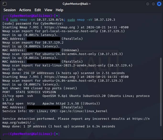 Salida de Nmap en Kali Linux con los puertos 22 (OpenSSH) y 80 (Apache) abiertos en el objetivo