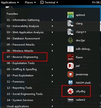 Captura de pantalla del menú de aplicaciones de Kali Linux, destacando la aplicación OllyDbg dentro de la categoría de Ingeniería Inversa.