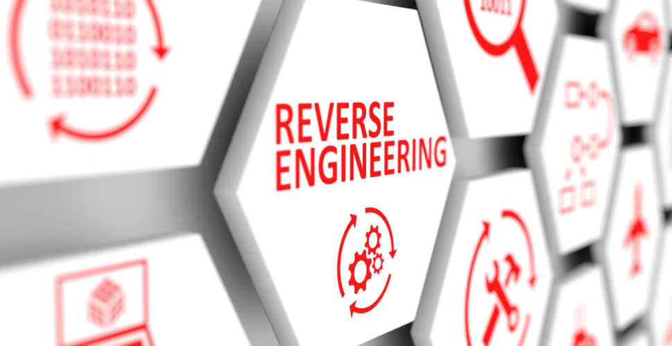 Representación gráfica del concepto de "Reverse Engineering" (Ingeniería Inversa), mostrando el término en un hexágono central rodeado de otros hexágonos con iconos relacionados con la tecnología y la ingeniería.