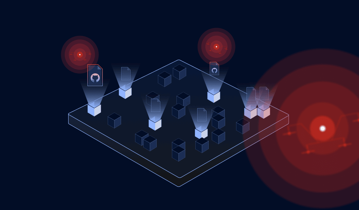 Representación visual de una superficie de ataque, mostrando múltiples puntos de vulnerabilidad (cubos) en una infraestructura de red, con algunos puntos destacados como áreas de mayor riesgo (círculos rojos).