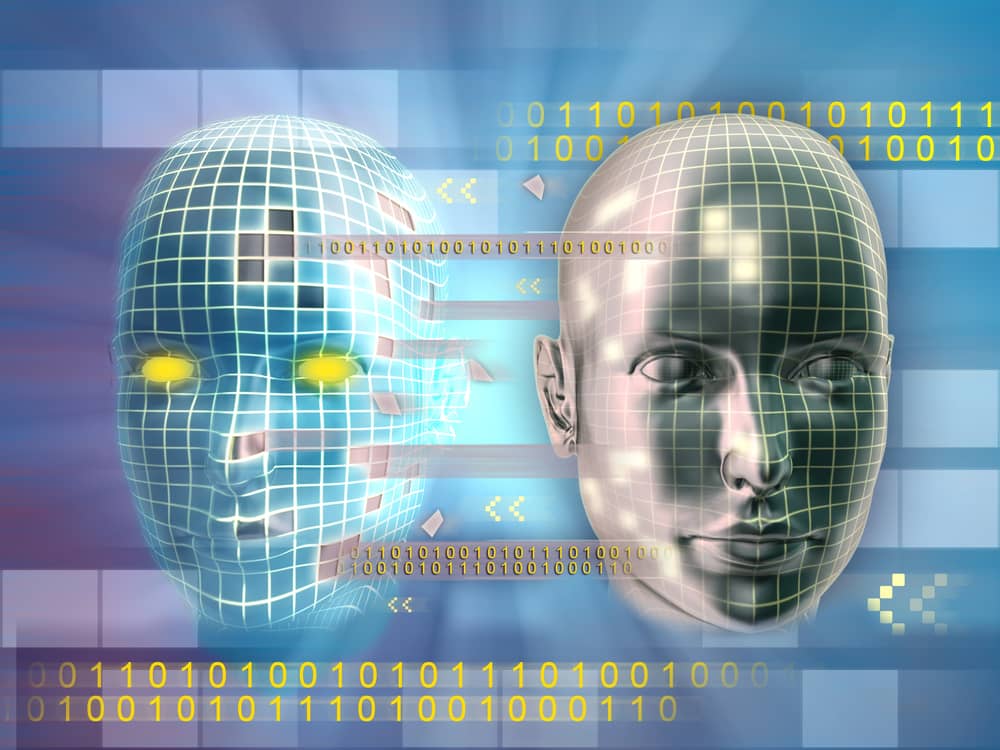 Representación gráfica del concepto de identidad digital, con dos cabezas humanas digitalizadas sobre un fondo de código binario. Una cabeza está fragmentada, mostrando la complejidad y vulnerabilidad de la identidad online.
