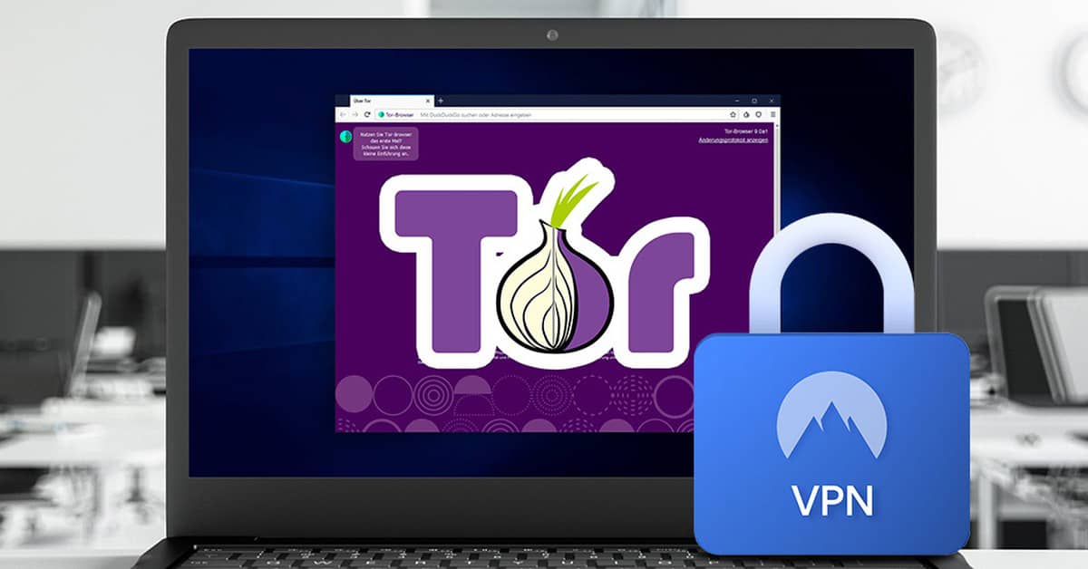 Un portátil con el navegador Tor abierto en la pantalla, junto a un candado con el logo de un VPN.