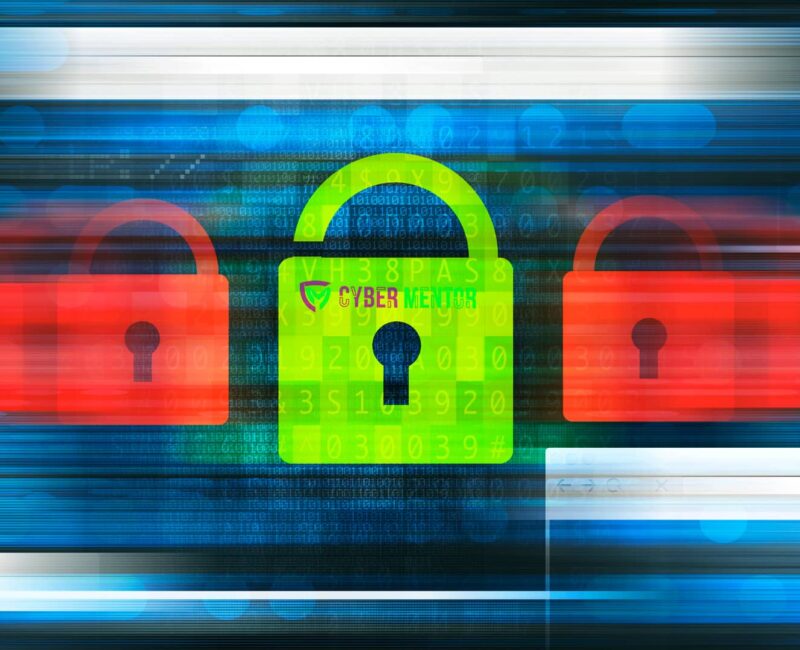 Imagen abstracta que representa la vulnerabilidad de las contraseñas. Se muestran candados rojos sobre un fondo de código binario con un candado verde central, con la marca "Cyber Mentor".