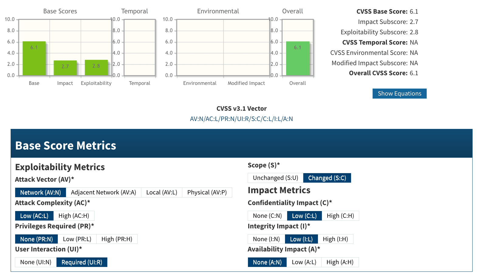 Gráfico y tabla que muestra los resultados de una evaluación de vulnerabilidad CVSS v3.1, incluyendo puntuaciones base, temporal, ambiental y general, junto con métricas detalladas de explotabilidad e impacto.