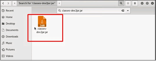 Captura de pantalla que muestra un archivo JAR nombrado "classes-dex2jar.jar" en un explorador de archivos.