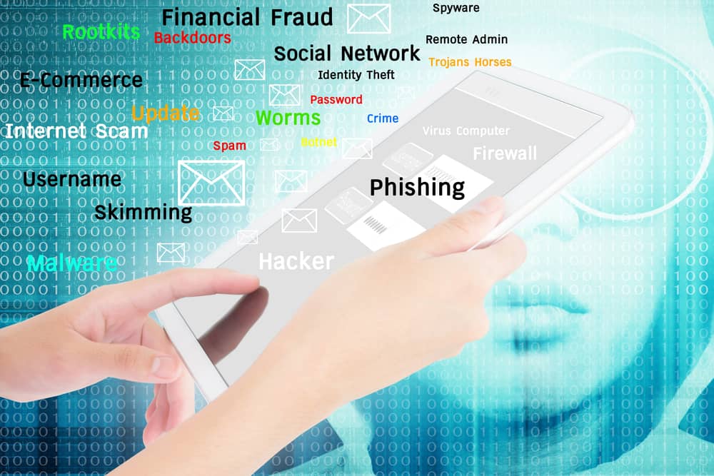 Imagen que muestra manos usando un teléfono inteligente y una tableta, con términos relacionados con el robo de identidad digital superpuestos, incluyendo phishing, malware y otras tácticas de ciberdelincuentes.