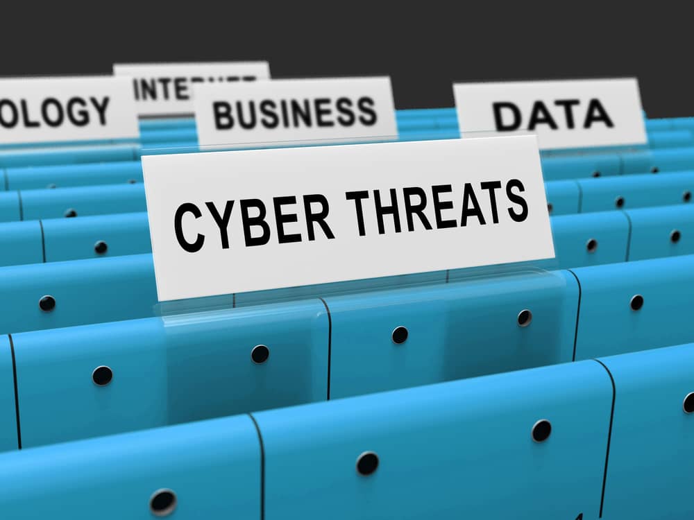 Imagen de una carpeta de archivos con una etiqueta que dice amenazas a la seguridad de la información "Cyber Threats", rodeada de otras carpetas con etiquetas como "Data", "Business"