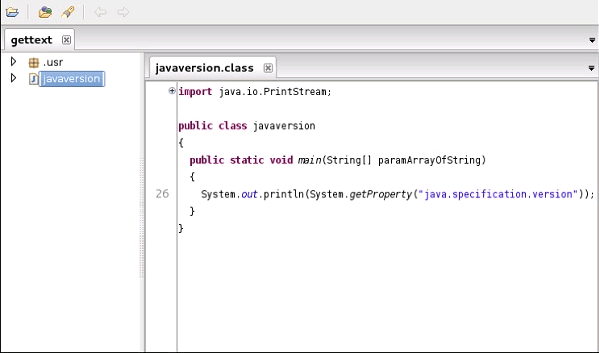 Captura de pantalla de la interfaz de JD-GUI mostrando el código fuente Java de una clase descompilada desde un archivo .class.