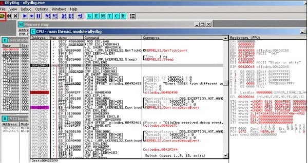 Captura de pantalla de la interfaz de OllyDbg mostrando el desensamblado de código, la memoria, los registros y otras informaciones de depuración.