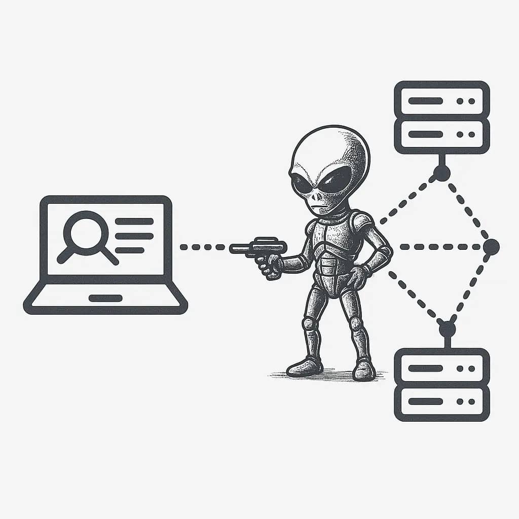 Ilustración de un extraterrestre con un arma apuntando a un ordenador portátil y servidores, representando una auditoría de seguridad web con Nikto.
