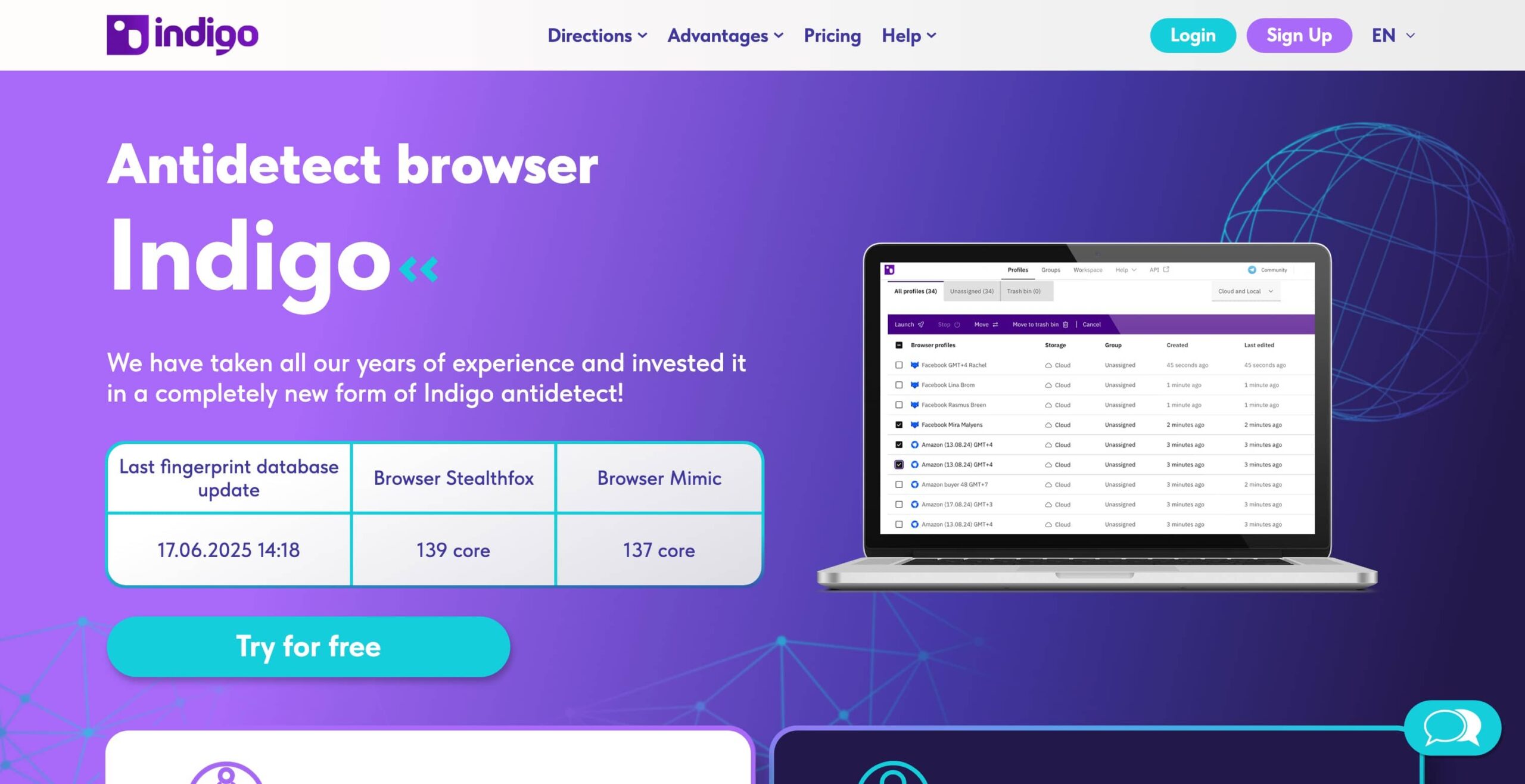 Página web del navegador anti-detección Indigo, mostrando sus características, incluyendo la última actualización de la base de datos de huellas digitales, el número de núcleos de Browser Stealthfox y Browser Mimic, y una captura de pantalla de su interfaz de usuario.