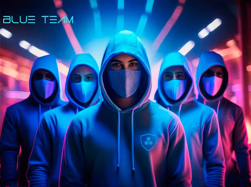 Grupo de personas con sudaderas azules y mascarillas, representando un Equipo Azul (Blue Team) de ciberseguridad.