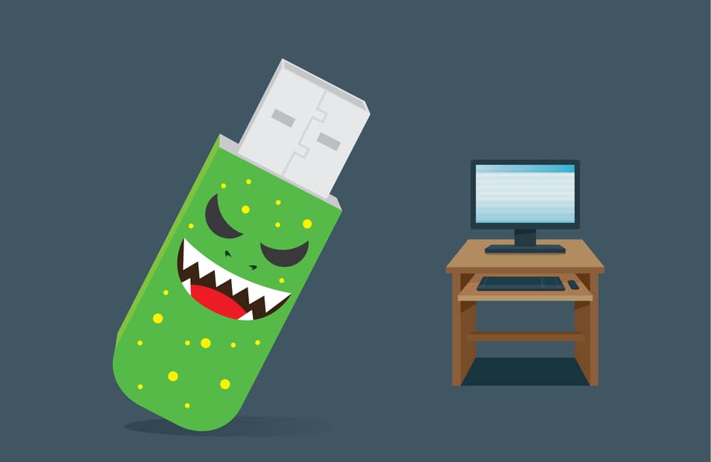 Riesgos de seguridad al usar memorias USB sin protección: ilustración de una memoria USB infectada.