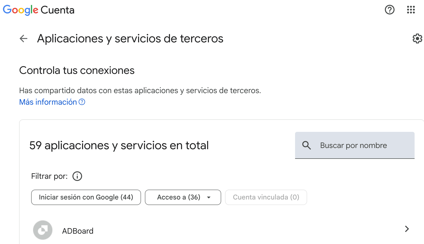 Panel de control de Google para gestionar aplicaciones y servicios de terceros. Revisa y controla qué aplicaciones tienen acceso a tus datos.