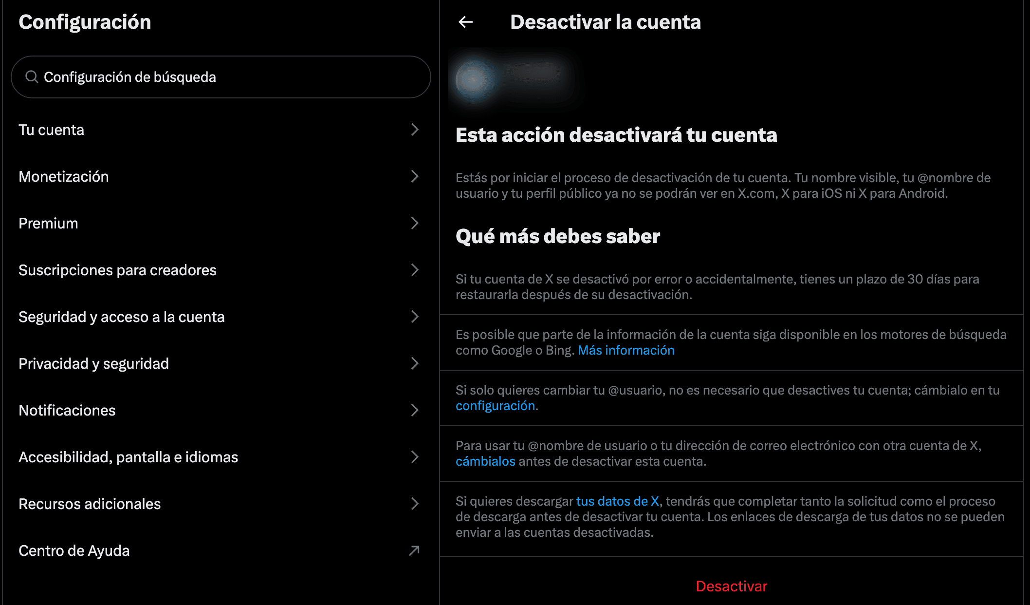 Captura de pantalla de la configuración de la cuenta X (anteriormente Twitter), mostrando la opción para desactivar la cuenta y eliminar datos. Parte del proceso para eliminar tu rastro digital.