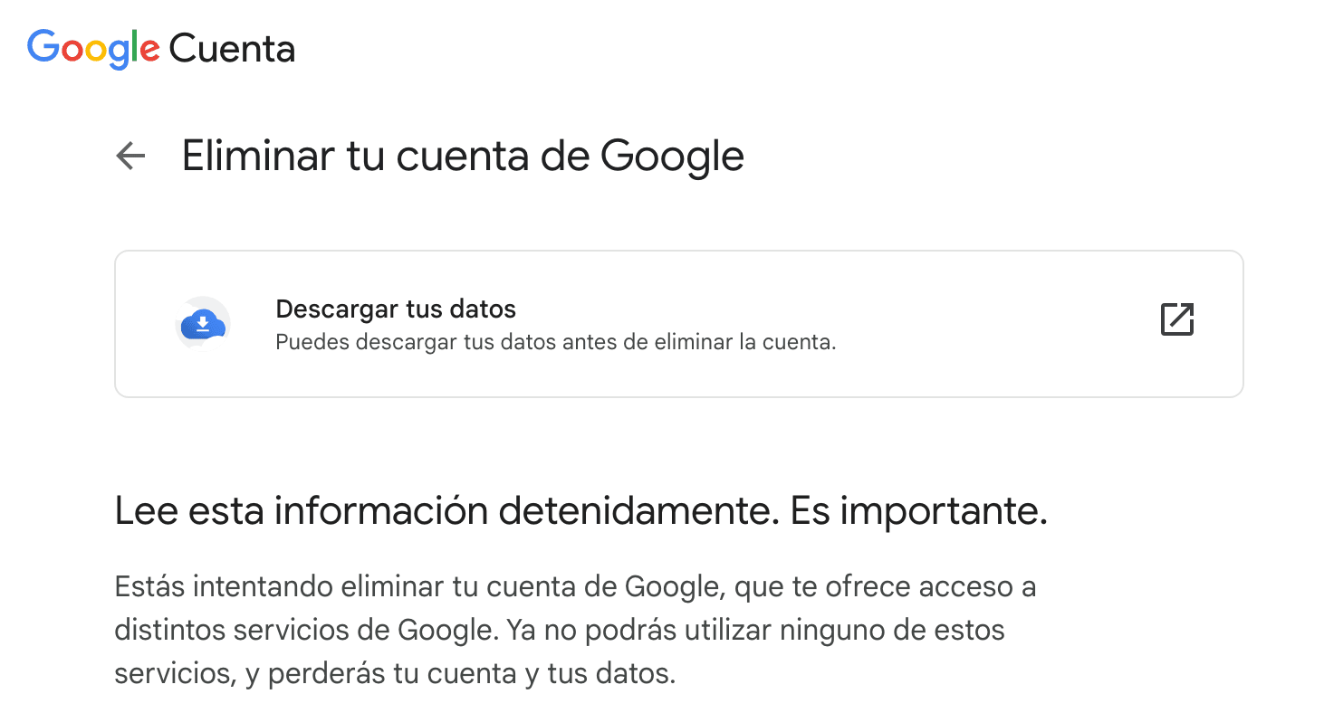 Pantalla de la cuenta de Google mostrando la opción para eliminar la cuenta. Se advierte sobre la pérdida permanente de datos.