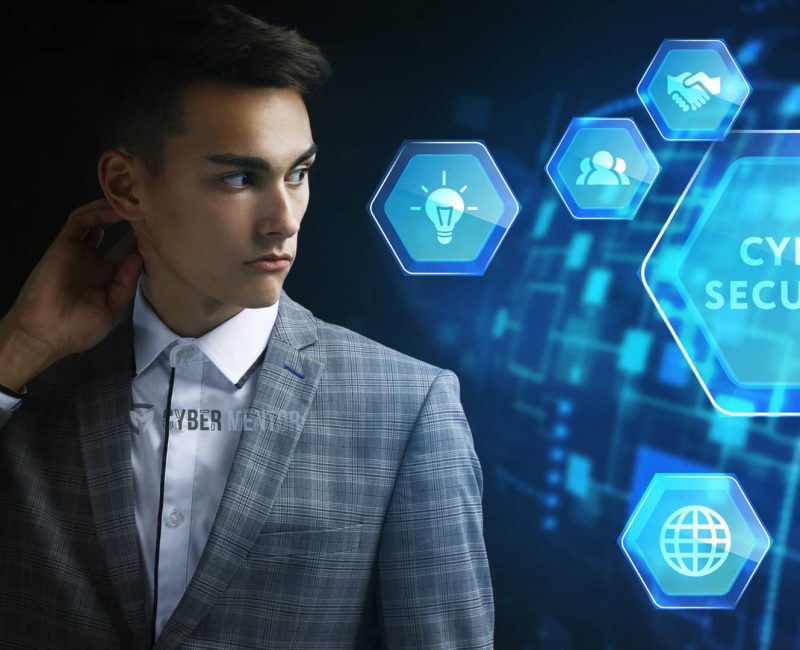 Formación en ciberseguridad para empresas: hombre con traje y elementos futuristas de seguridad digital.