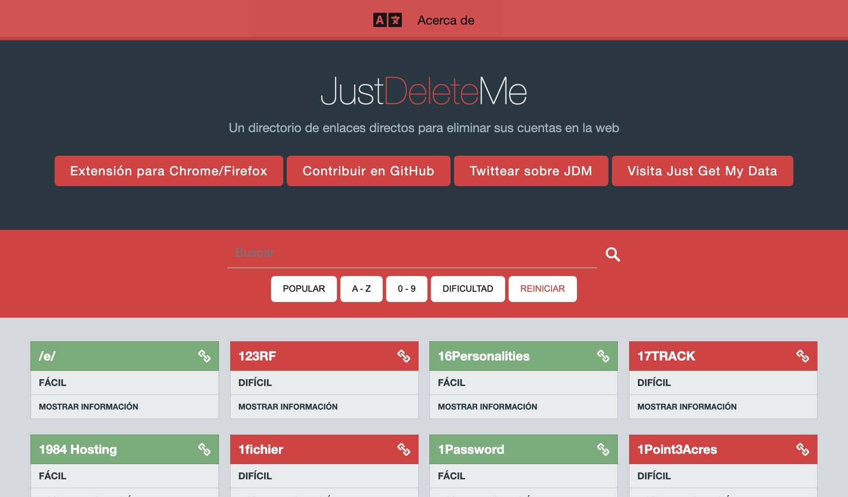 Captura de pantalla de JustDeleteMe, un directorio para eliminar cuentas online. Simplifica el proceso de eliminar tu presencia en Internet.