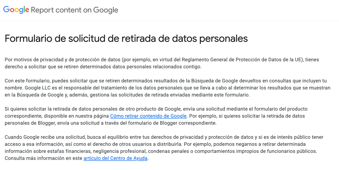 Formulario de Google para solicitar la retirada de datos personales. Gestiona tu privacidad online.