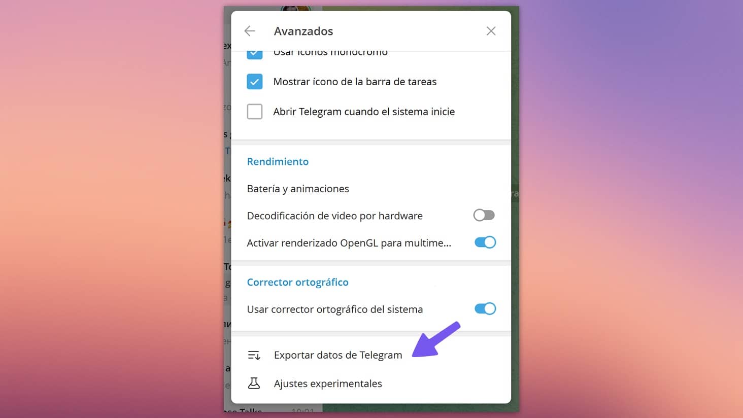 Captura de pantalla que muestra la opción "Exportar datos de Telegram" en la app de escritorio.