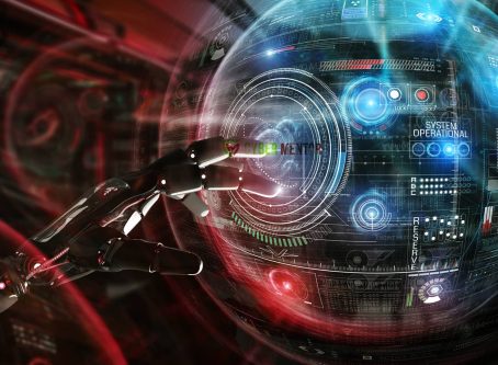 Ilustración de PromptLock, el primer ransomware con IA, mostrando una mano robótica interactuando con una interfaz digital.