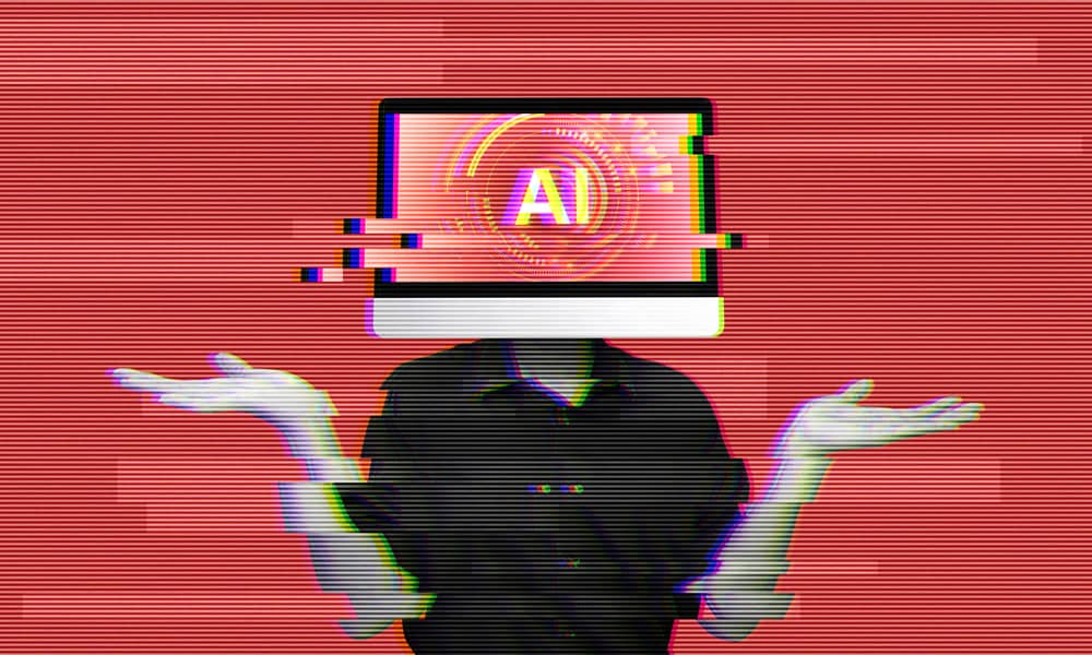 Imagen surrealista de una persona con una pantalla de ordenador como cabeza mostrando "IA", representando el ransomware PromptLock.