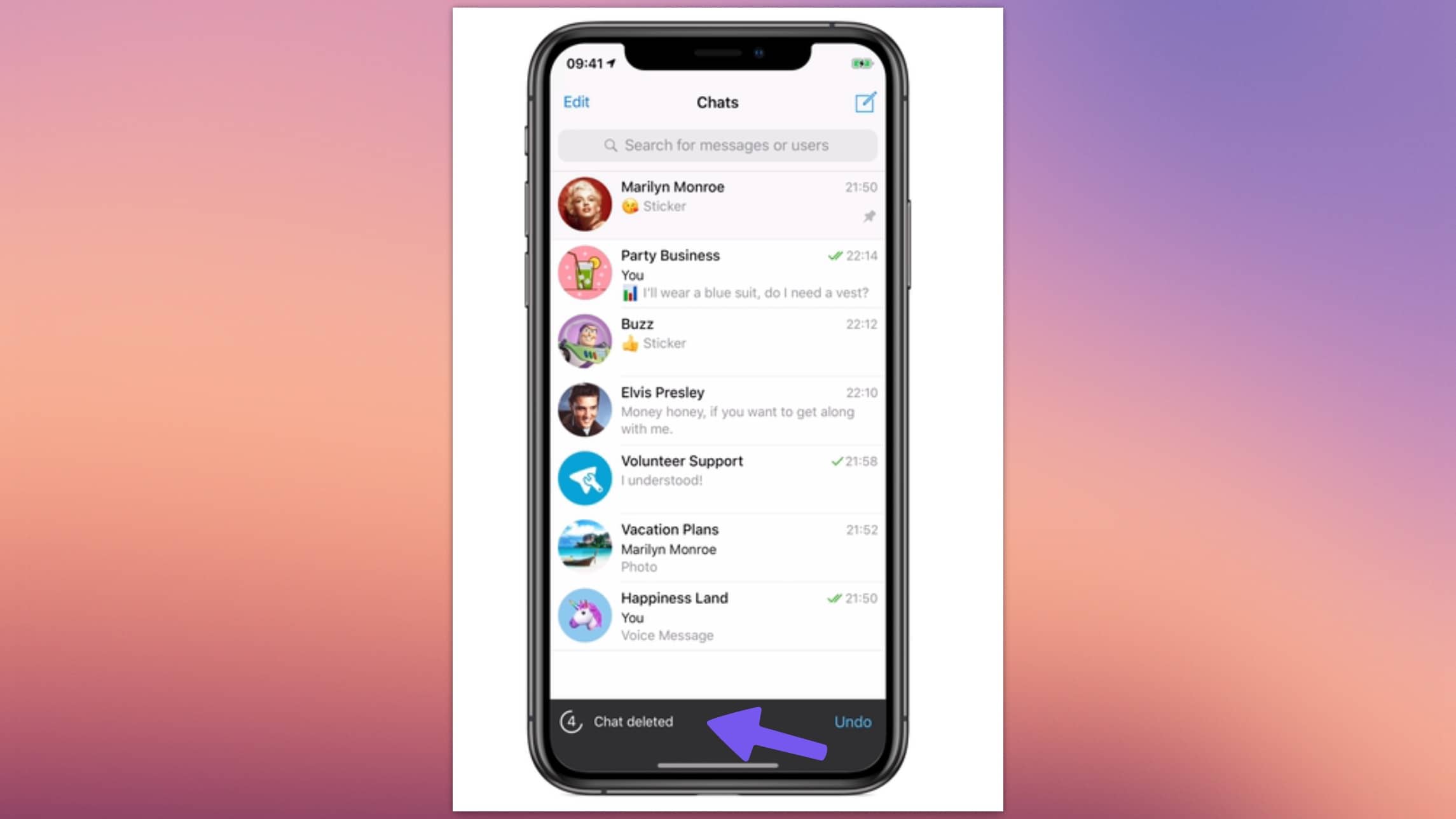 Interfaz de Telegram con chats y aviso para Recuperar Chats en Telegram tras borrado reciente.
