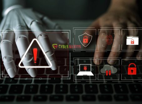 Mano robótica y humana teclean juntas en un teclado, con iconos de seguridad y alerta de phishing con IA. Descubre todo sobre el phishing impulsado por IA.