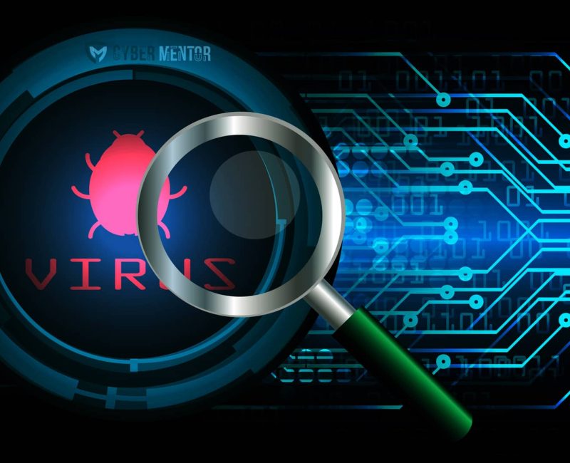 Lupa analizando un ícono de virus en un fondo digital, representando la búsqueda de amenazas que un antivirus no detecta.