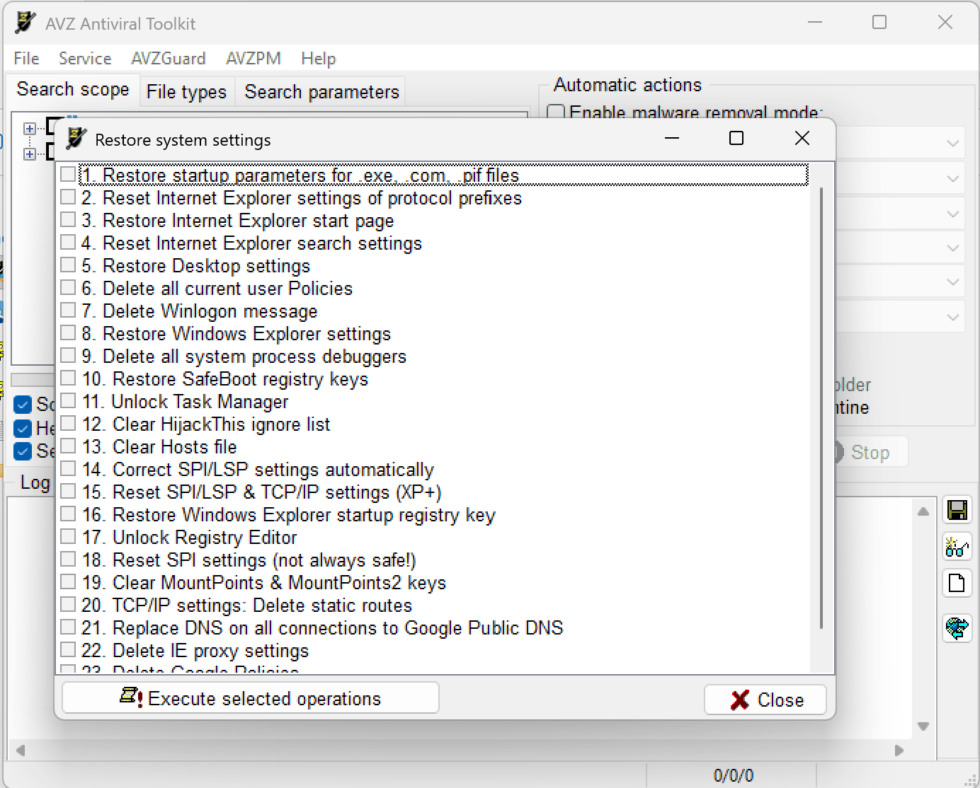 Captura de la herramienta System Restore de AVZ con la lista de opciones para restaurar la configuración del sistema.