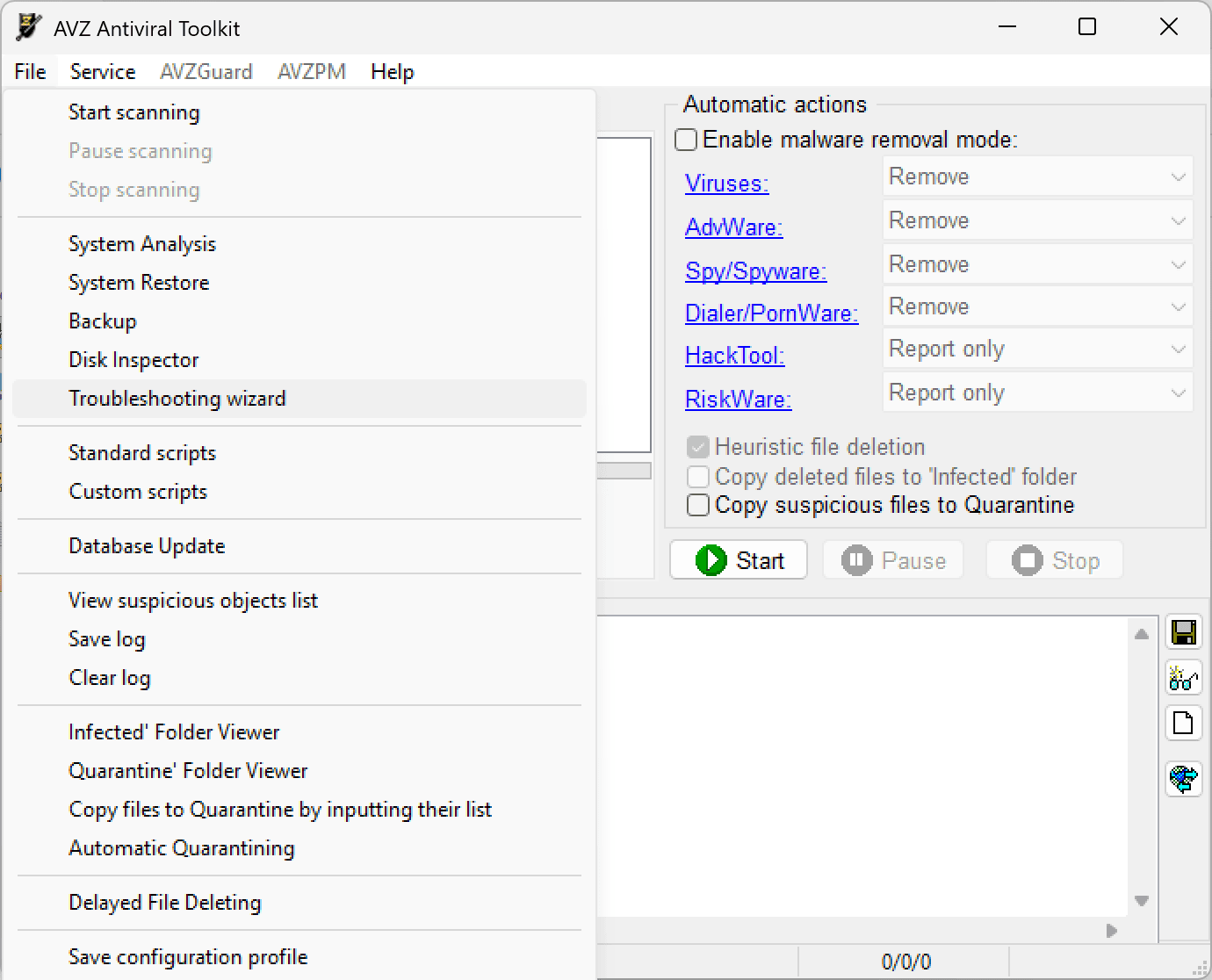 Captura de la herramienta AVZ mostrando el menú Service con la opción "Troubleshooting wizard" para solucionar problemas.
