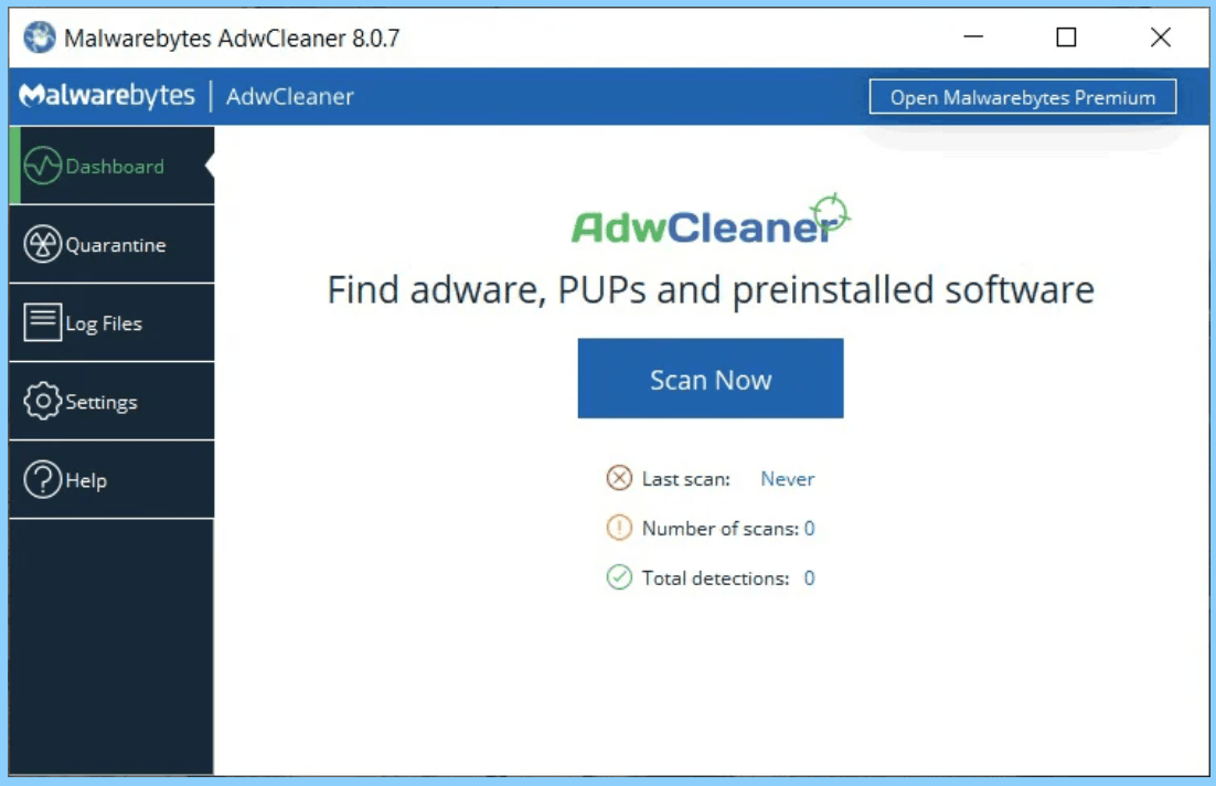 Interfaz del programa AdwCleaner de Malwarebytes, una herramienta para eliminar adware que los antivirus no detectan.