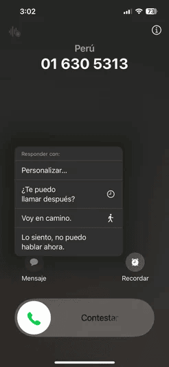 Ejemplo de cómo evitar una llamada de spam en Perú usando las respuestas rápidas de un iPhone.