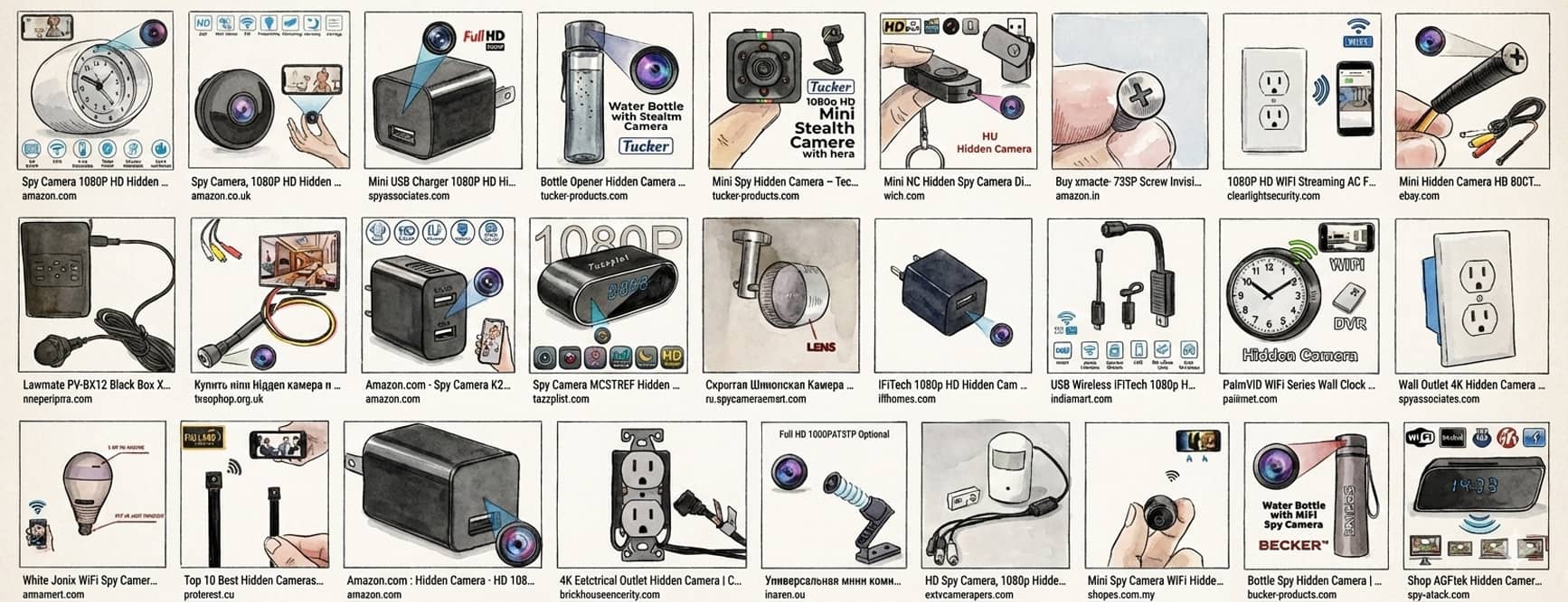 Collage con ejemplos de cámaras espía ocultas en objetos comunes.