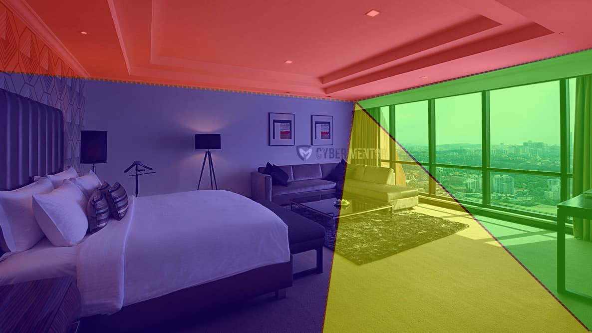 Imagen conceptual de una habitación dividida en sectores para buscar cámaras ocultas.