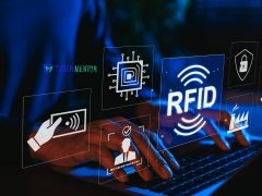 Persona analizando la protección RFID y los riesgos de la tecnología sin contacto en un ordenador.