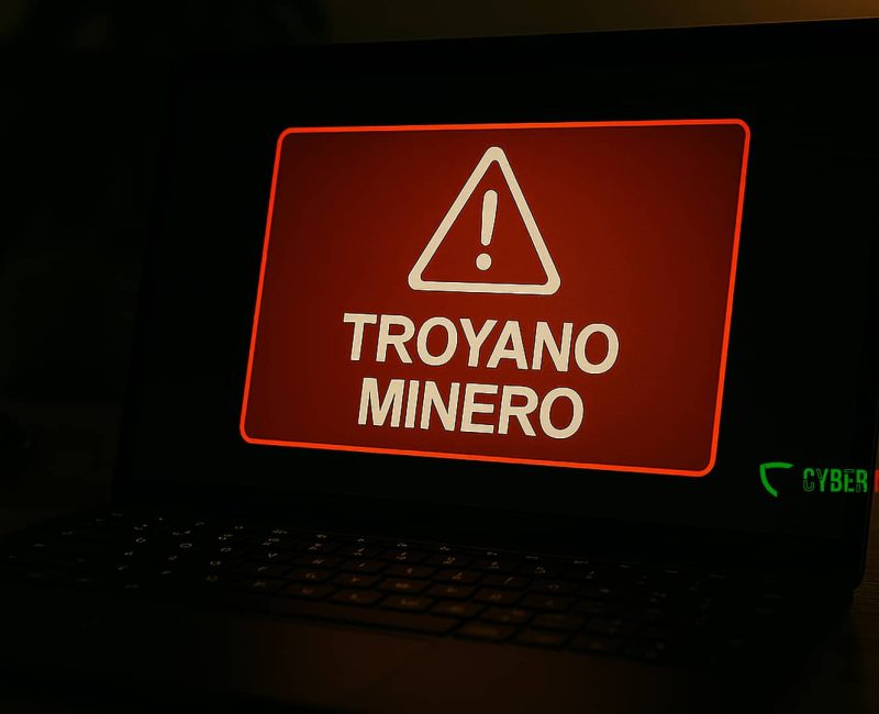 Advertencia de troyano minero en la pantalla de un portátil, representando la amenaza de Altruistics.