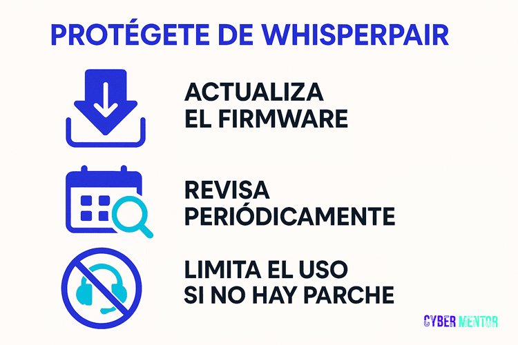 Infografía con 3 pasos para proteger dispositivos Bluetooth del Ataque WhisperPair.