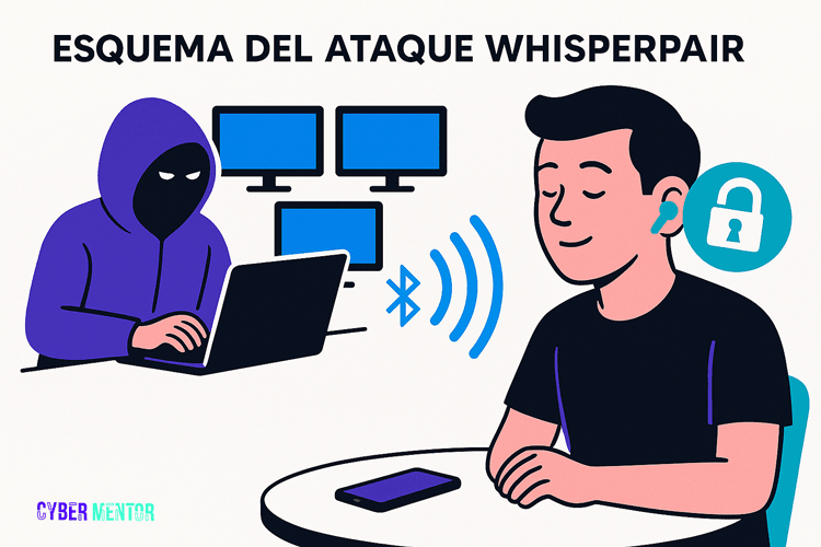Esquema del Ataque WhisperPair que afecta a la seguridad de auriculares Bluetooth.