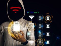 Ilustración de un ciberataque a una red Wi-Fi, mostrando una figura anónima que simboliza un ataque deauth.