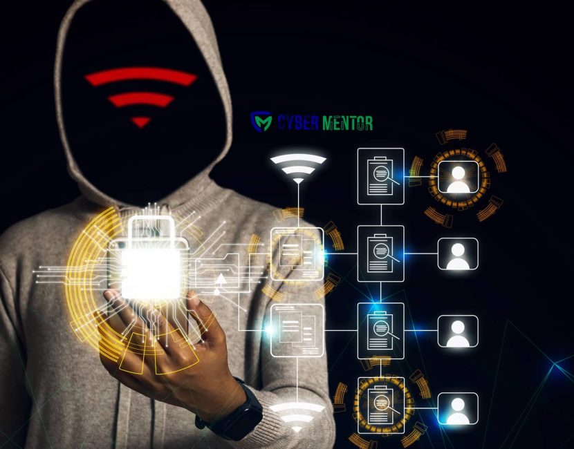 Ilustración de un ciberataque a una red Wi-Fi, mostrando una figura anónima que simboliza un ataque deauth.